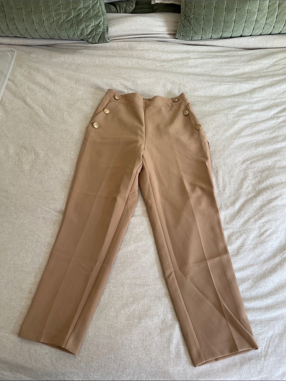 Zara Tan High-Rise Trousers with Gold Buttons